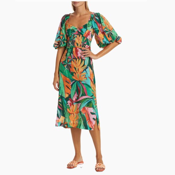 FARM Rio | NWT Banana & Foliage Print Puff Sleeve Midi Dress, Size S ๐ง๐ท - Picture 2 of 15